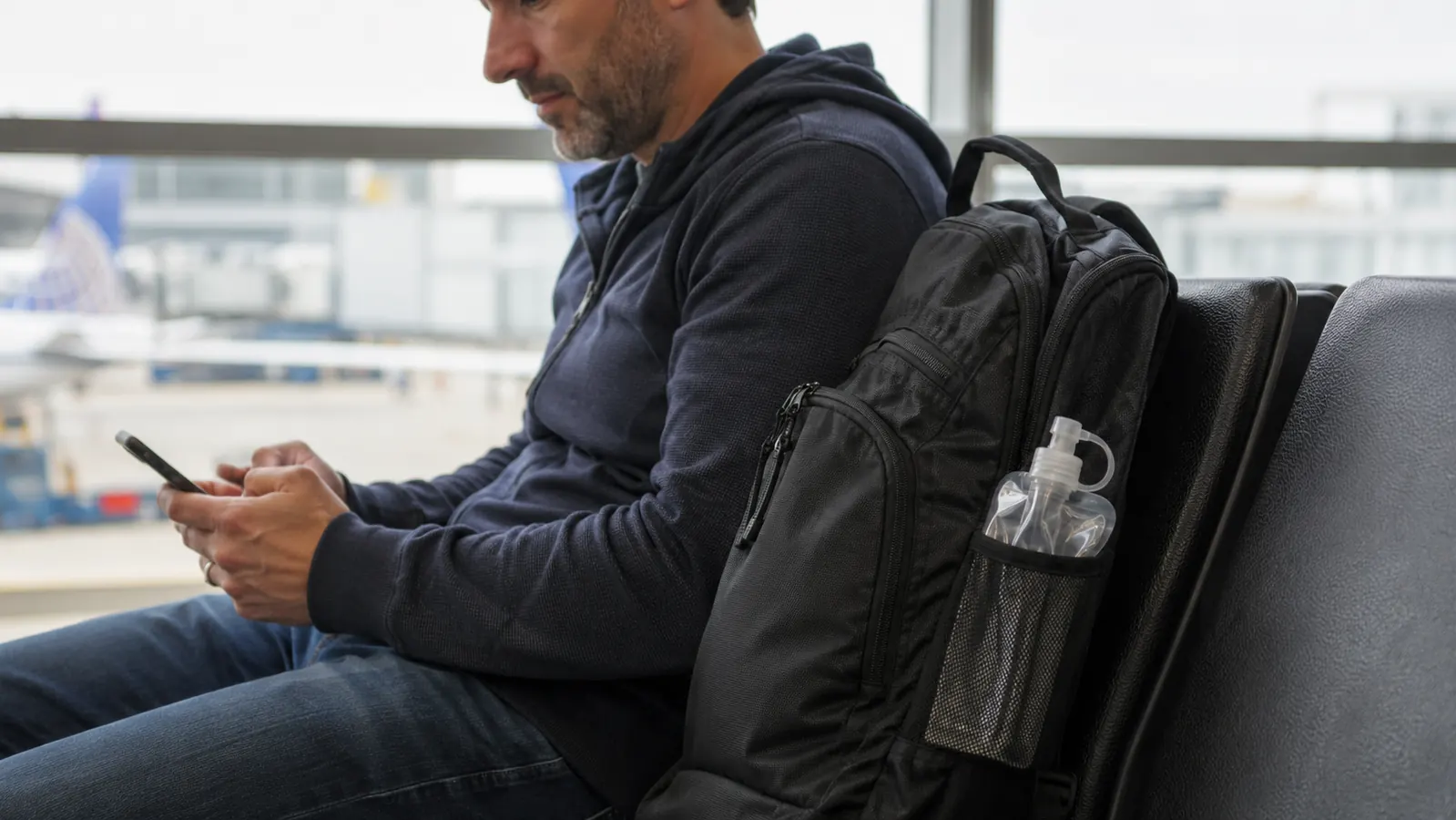 Flattened collapsible water bottle laid across the top of a packed carry-on backpack at an airport gate