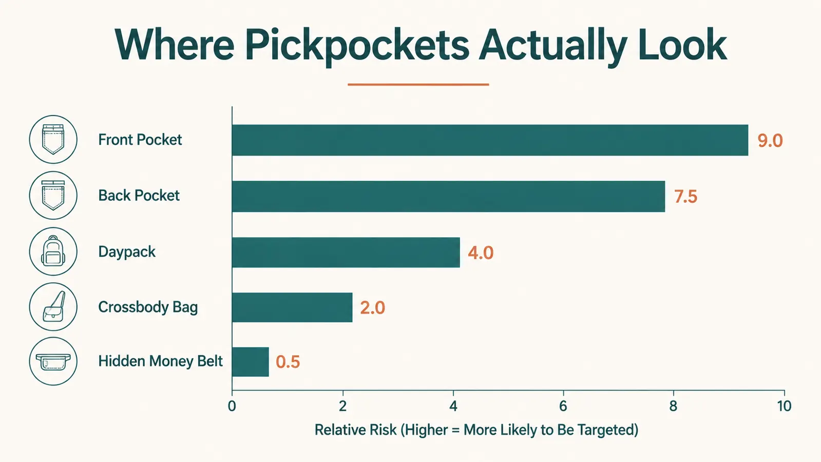Simple chart comparing theft risk across pocket, daypack, and hidden money belt storage