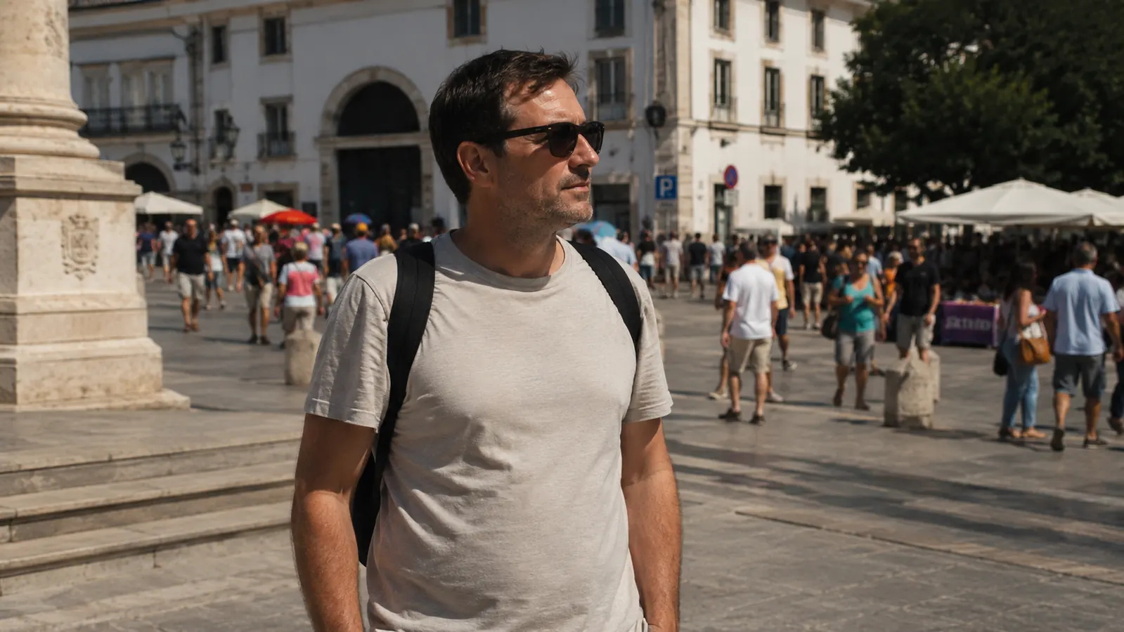 Traveler walking through a crowded European plaza with a money belt worn discreetly under a t-shirt