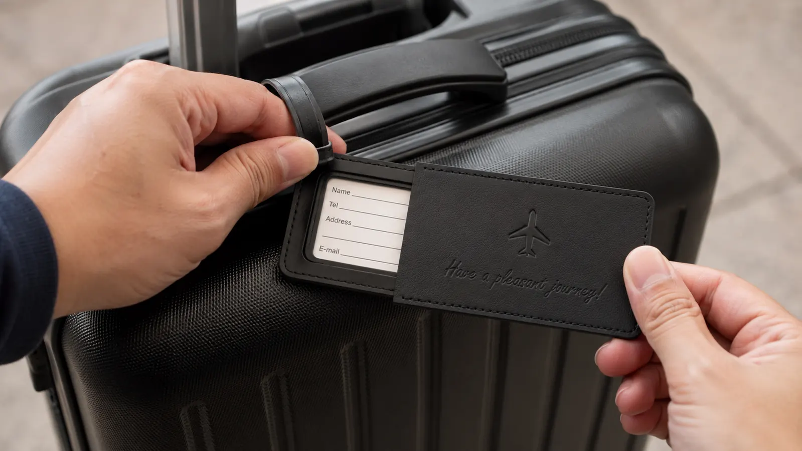 Close-up of a privacy luggage tag with a sliding cover clipped to a suitcase handle