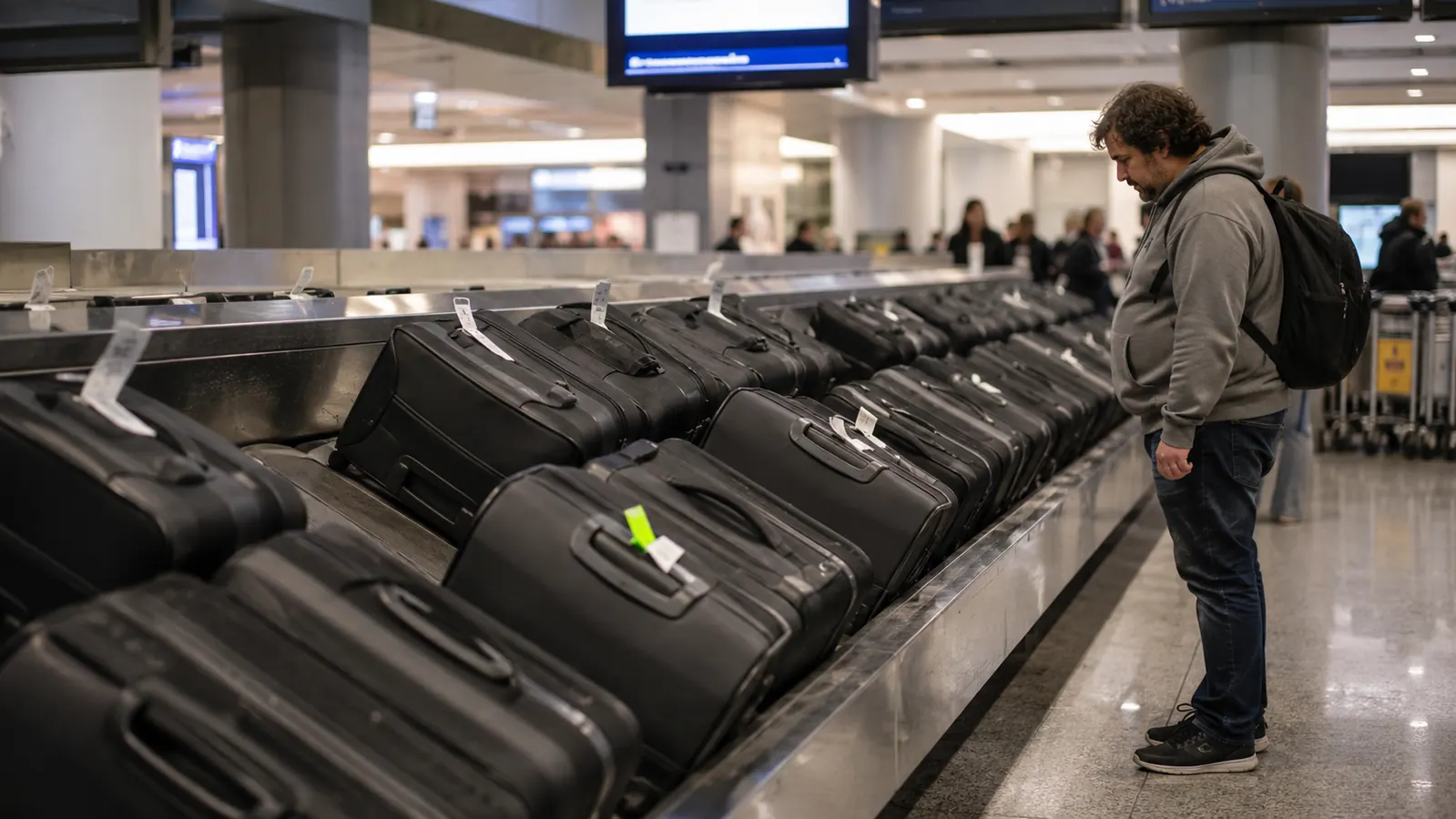 Row of nearly identical black suitcases on an airport baggage carousel