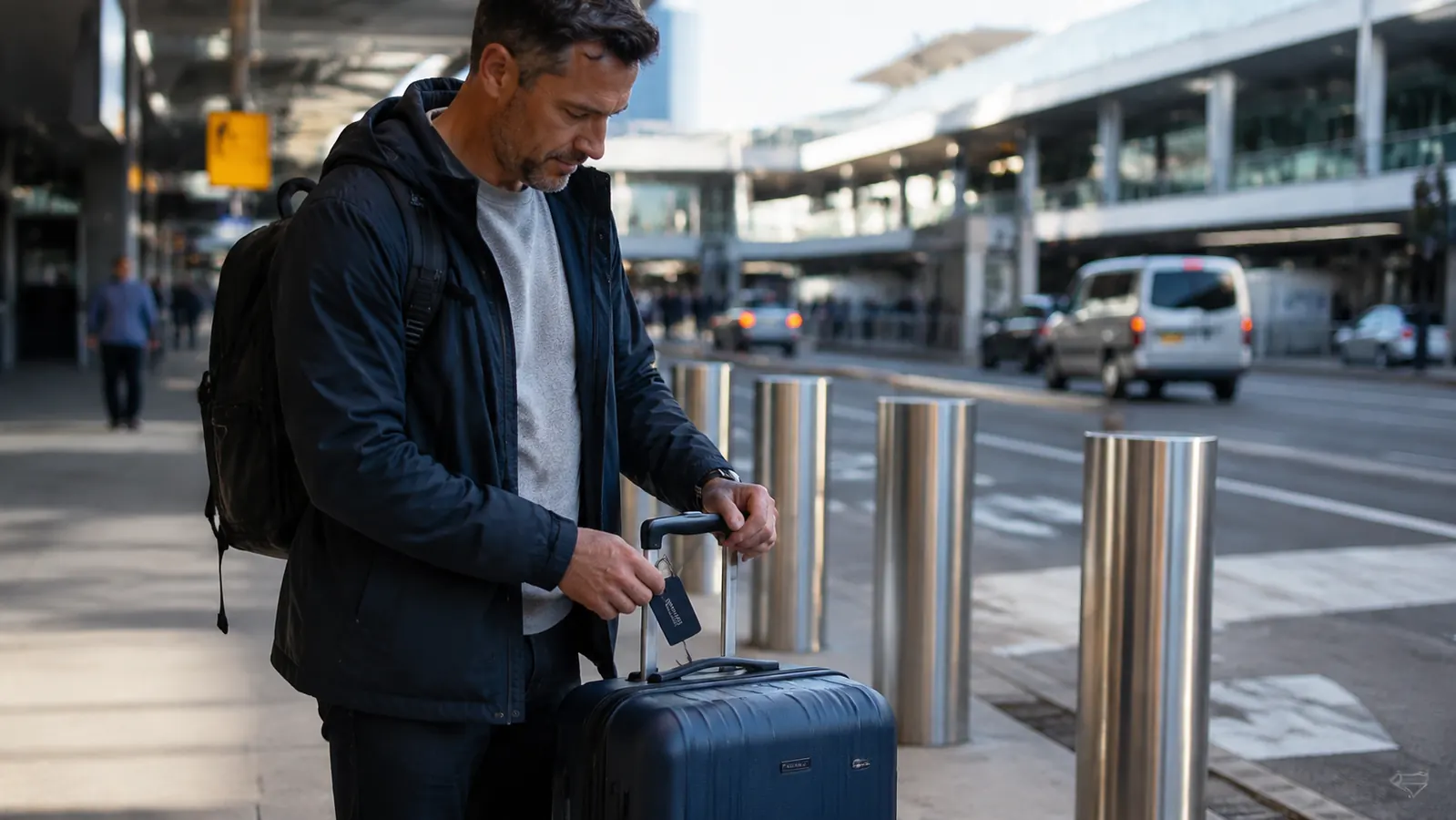 Traveler clipping a privacy luggage tag onto a suitcase handle at an airport curb