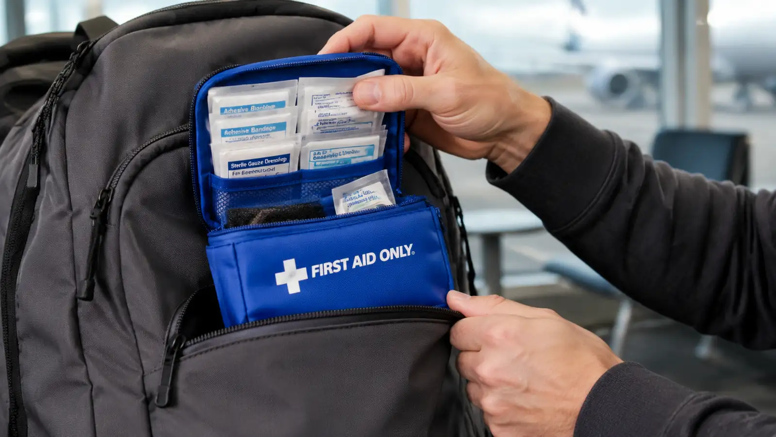 Hand pulling the First Aid Only travel kit pouch out of a backpack's front pocket