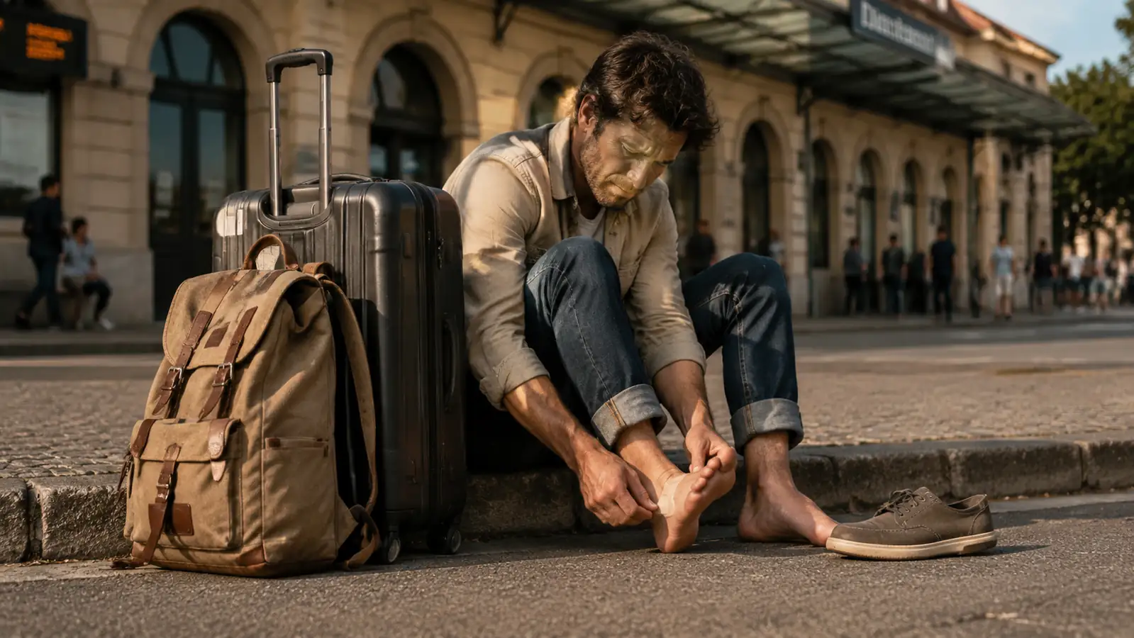 Traveler applying a bandage to a blister on their foot while sitting on a curb with a suitcase nearby