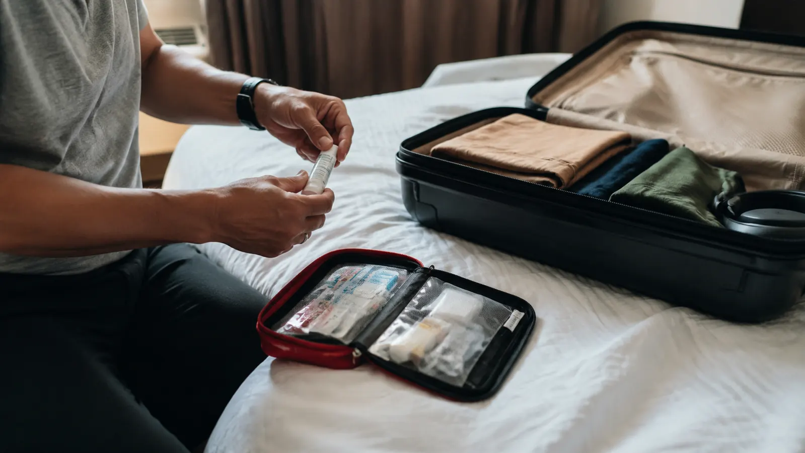 Open first aid kit pouch on a hotel bed next to a packed suitcase, morning light through the window