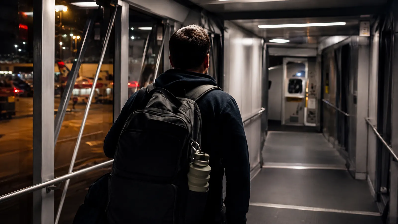 Traveler finally boarding the plane at night, folded empty bottle clipped to the outside of a backpack