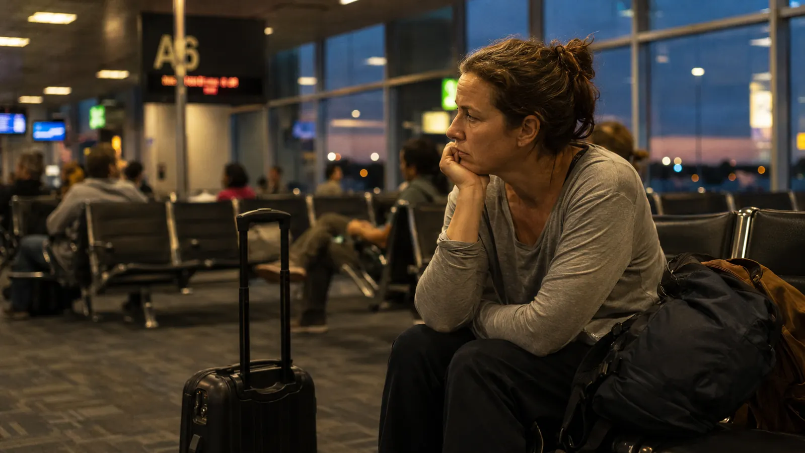 A traveler sitting on the floor near a gate window, flat collapsible bottle resting on a rolled jacket, departure board glowing orange in the background