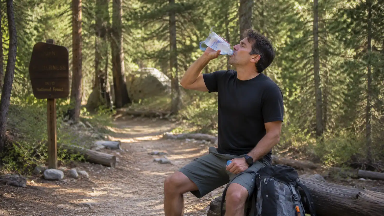 Traveler drinking from a collapsible water bottle at a mountain trailhead with a daypack on the ground