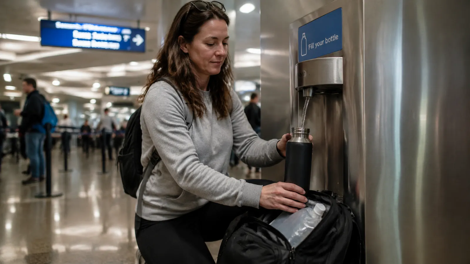 Traveler filling a hard-sided steel water bottle at an airport refill station while a folded collapsible bottle sits in an open backpack pocket