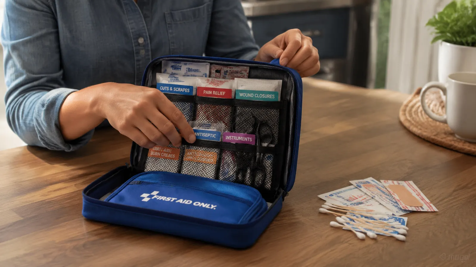 Hand sorting through the first aid kit pouch compartments, setting aside unused items