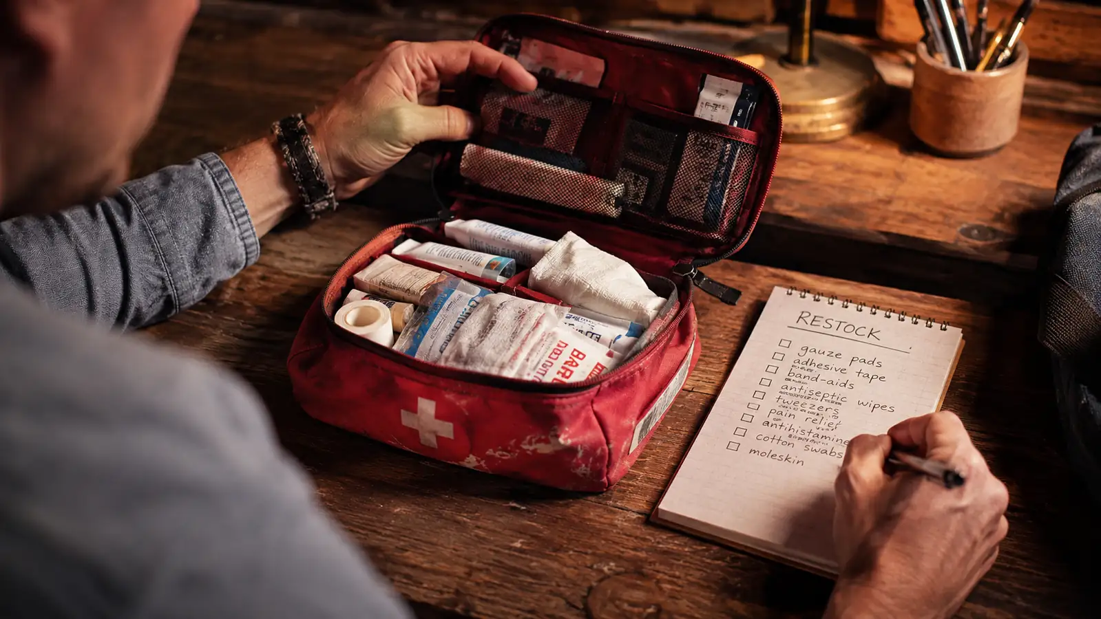 Worn first aid kit pouch sitting open on a wooden desk with a notepad listing items to restock