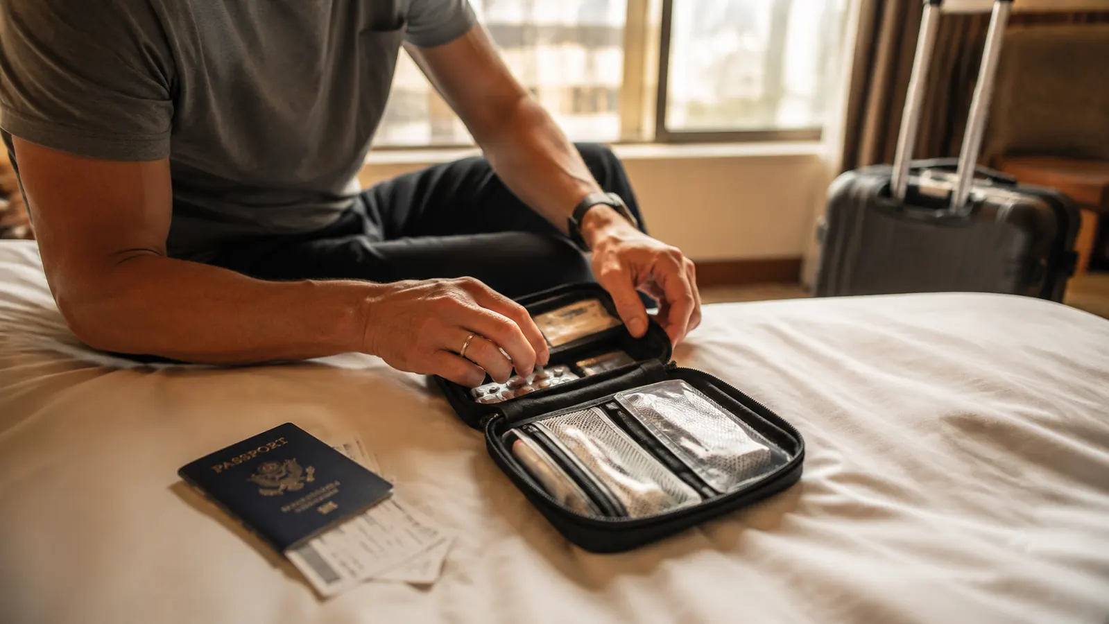 Compact red first aid kit pouch open on a hotel bed next to a passport and boarding pass