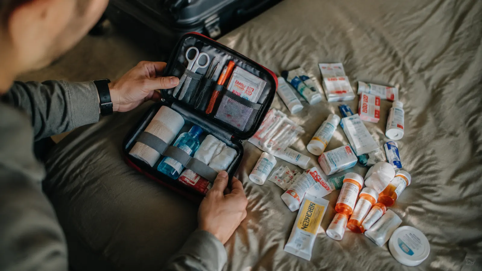 Open first aid kit pouch next to a pile of loose pharmacy items on a bedroom floor during travel packing