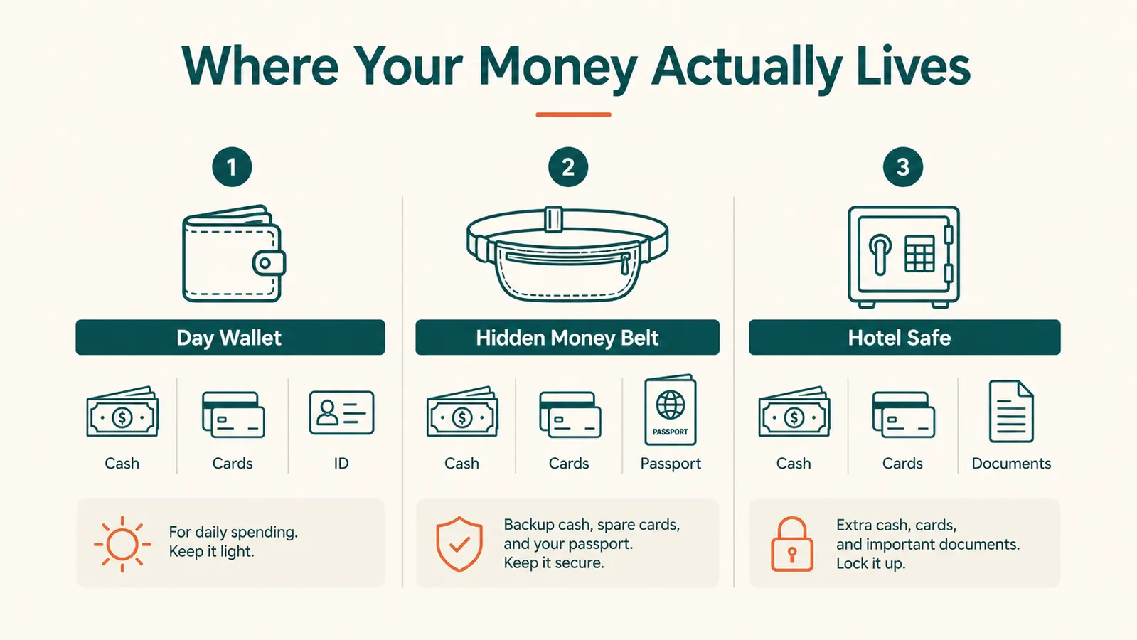 Chart showing how to split cash and cards across three locations while traveling
