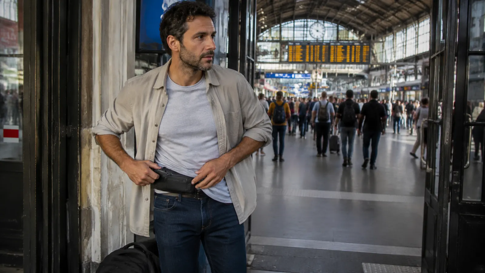 Traveler adjusting a hidden money belt under their shirt before heading into a busy train station