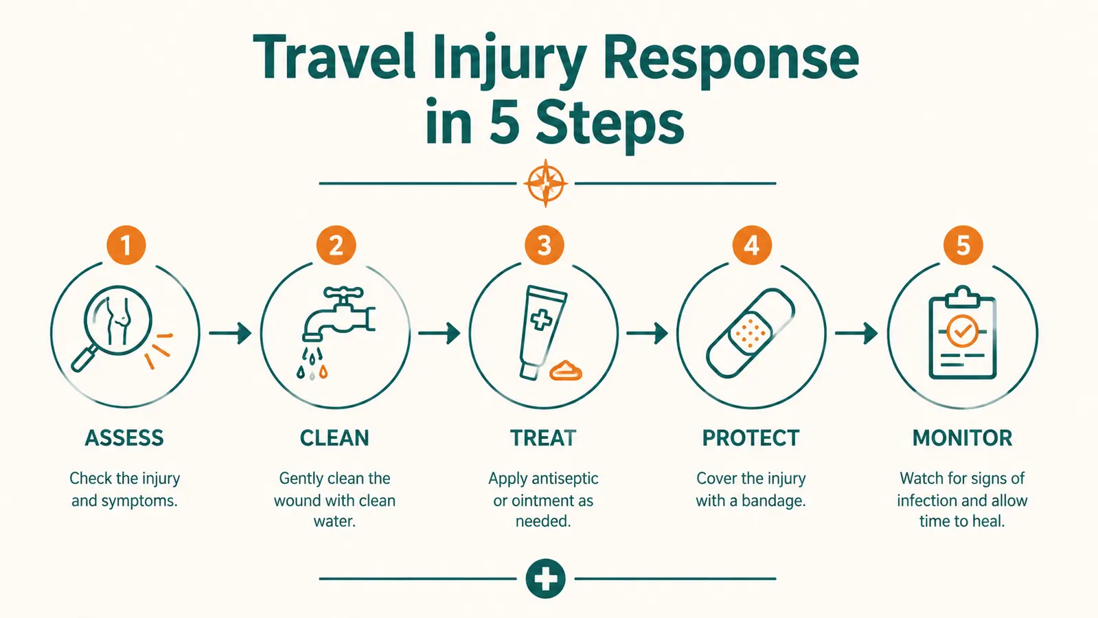 Simple chart showing the 5-step decision flow for treating a travel injury from assess to monitor