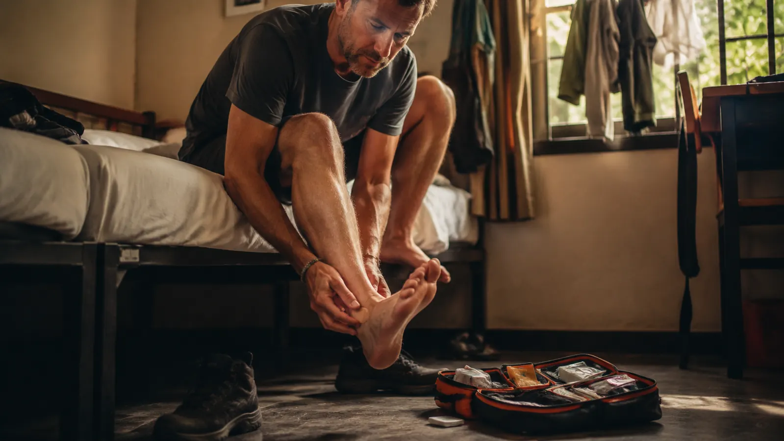 Traveler kneeling on a hostel room floor treating a blister with supplies from an open first aid kit
