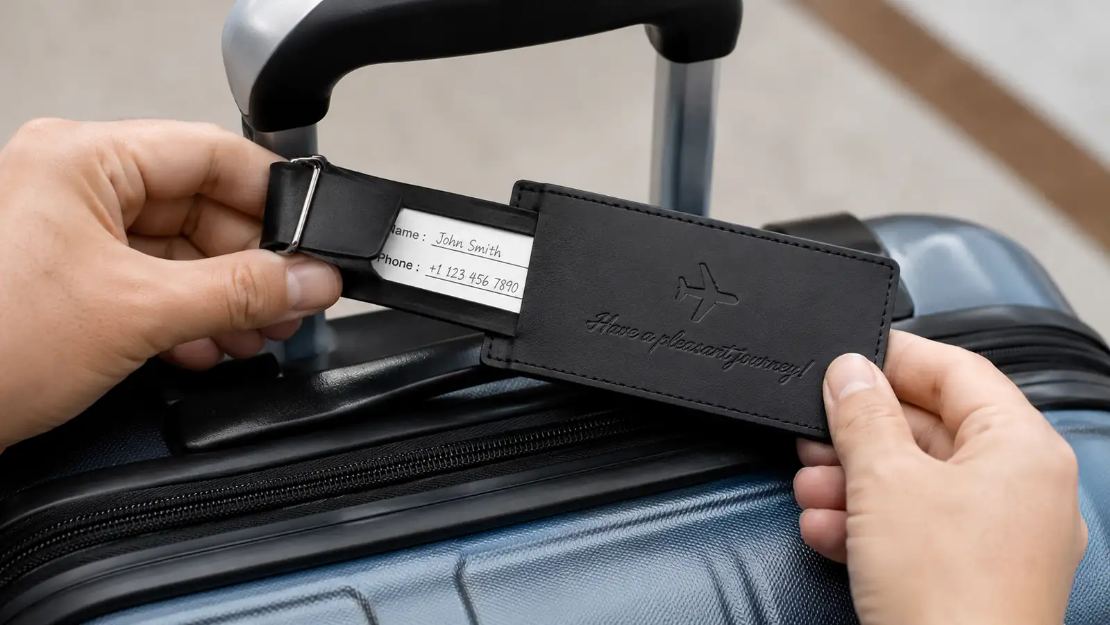 Hand attaching a privacy luggage tag to the handle of a black suitcase