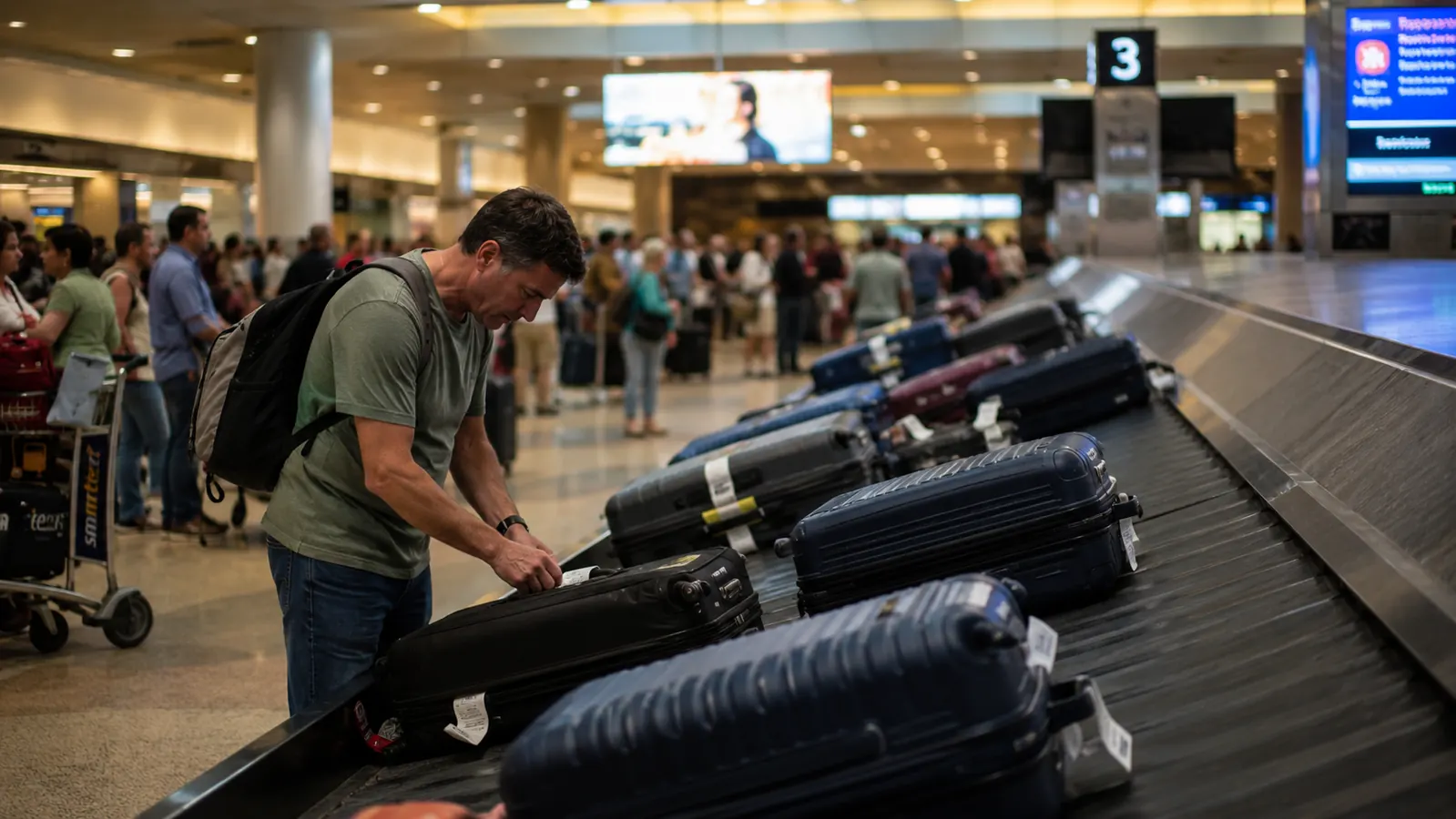 Traveler scanning a crowded airport baggage carousel full of dark rolling suitcases