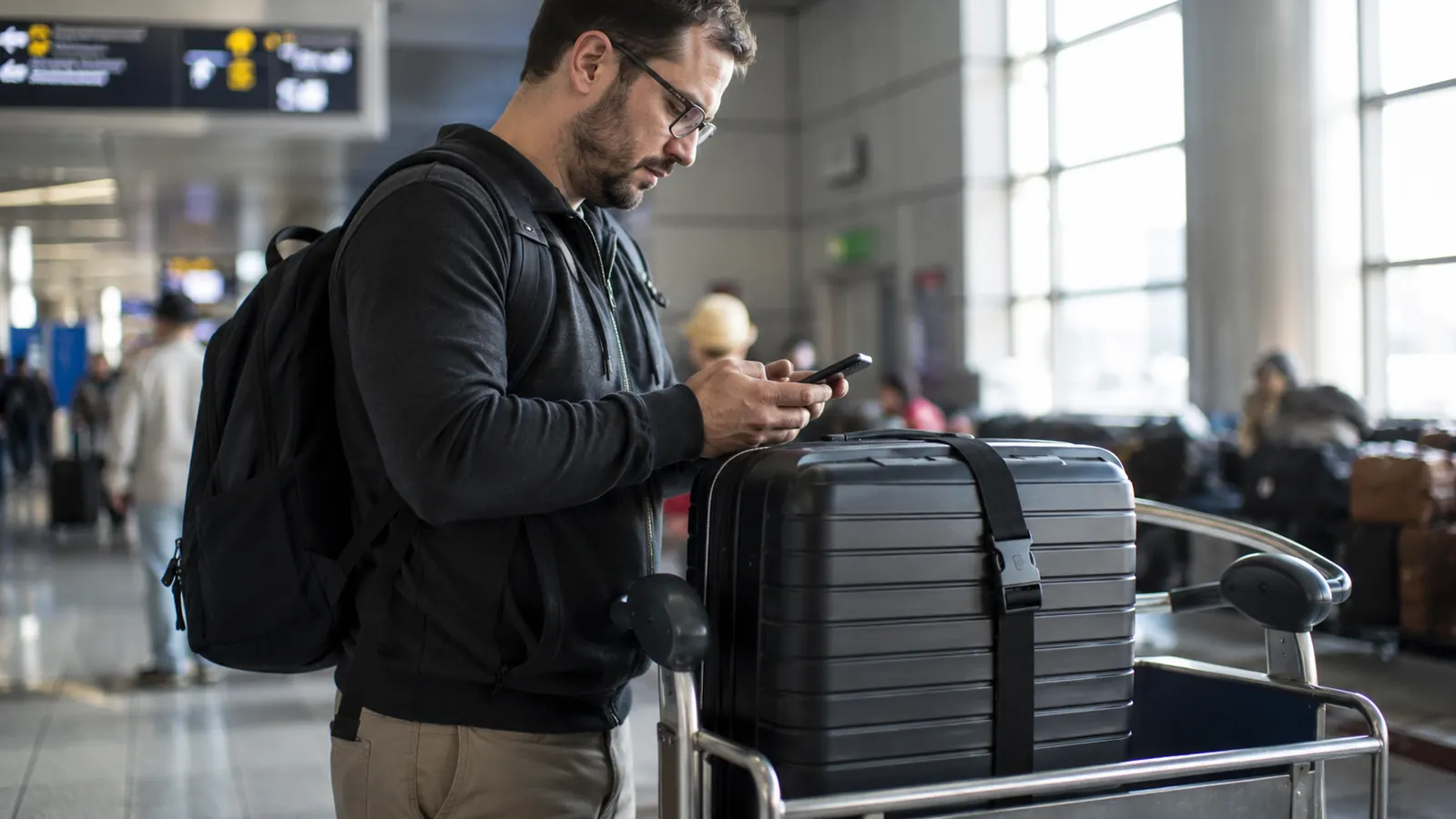 A packed suitcase with a black luggage strap buckled around it sitting on an airport baggage cart