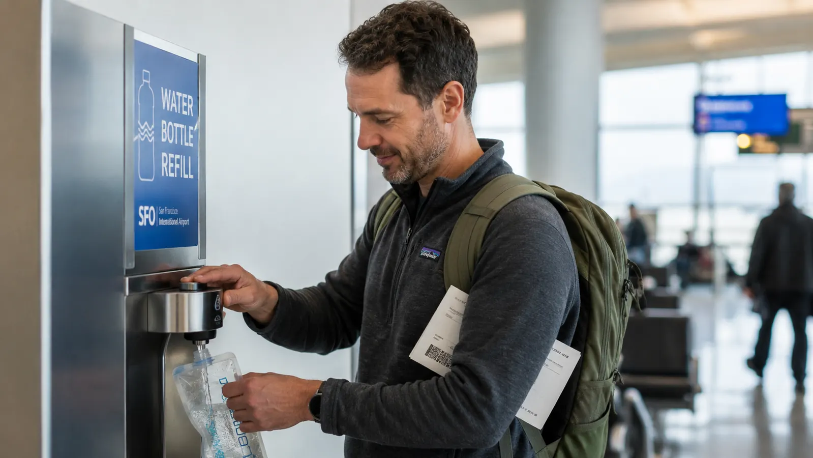 Traveler filling a collapsible water bottle at an airport water fountain refill station