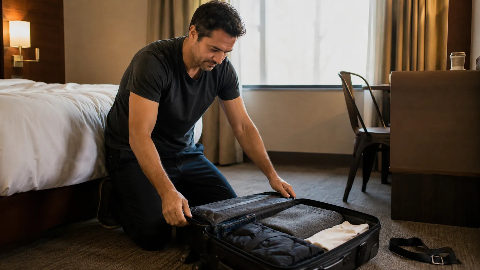 Jamie kneeling beside an open suitcase on a hotel room floor, contents intact, luggage strap coiled beside it