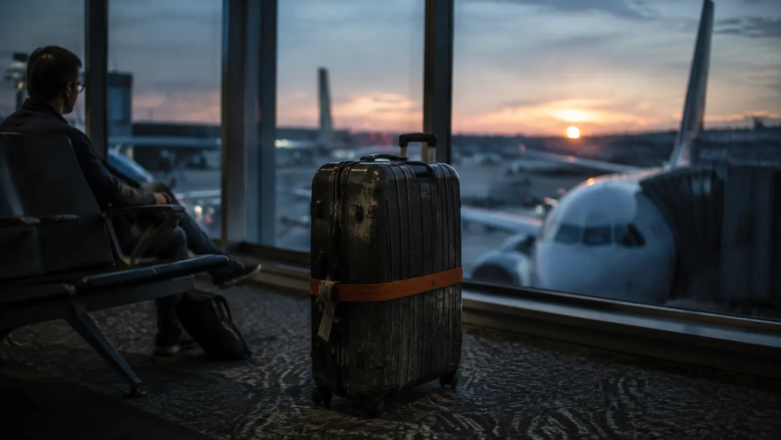 A worn hard-shell suitcase sitting on an airport terminal floor with a black luggage strap buckled tightly around it