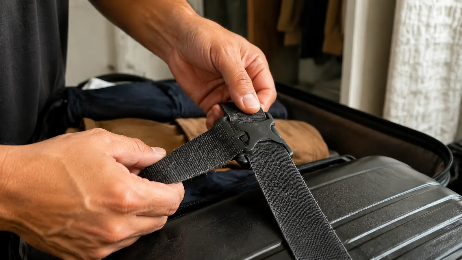 Close-up of a hand testing a worn luggage strap buckle for stiffness after a year of use