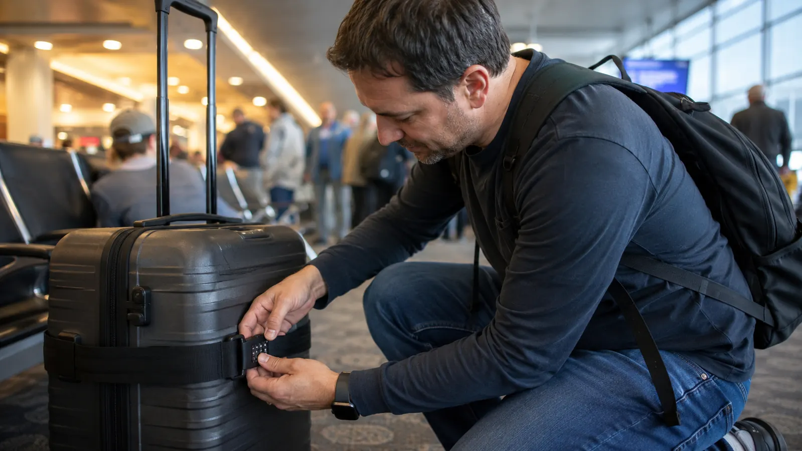 A traveler's hand spinning the combination dial on a luggage strap buckle at a gate with other passengers waiting nearby