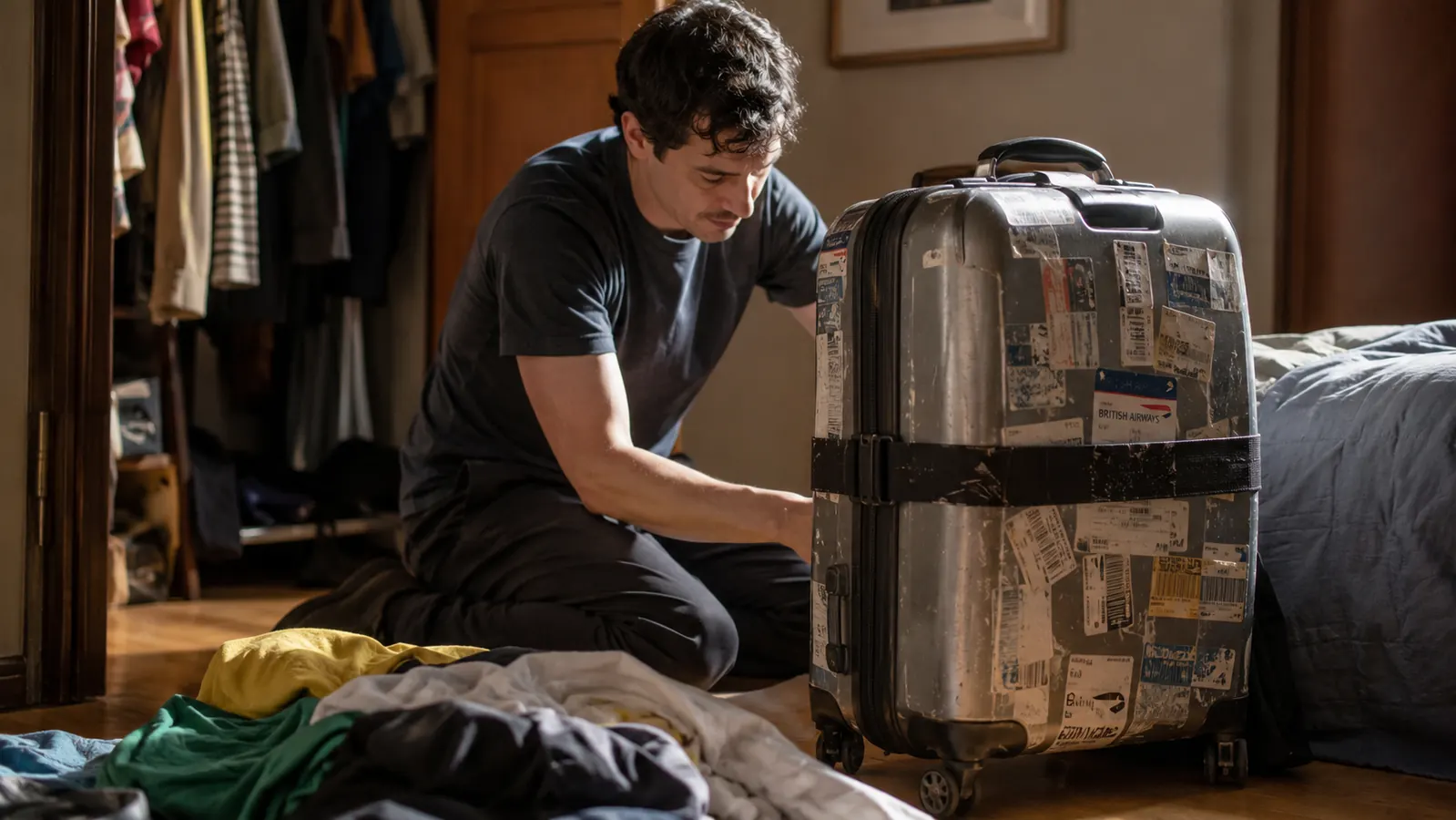 A faded black luggage strap with a scuffed buckle wrapped around a well-traveled suitcase covered in stickers