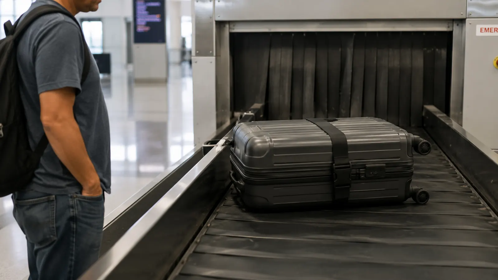 A black nylon luggage strap buckled tightly around a checked suitcase on an airport conveyor belt