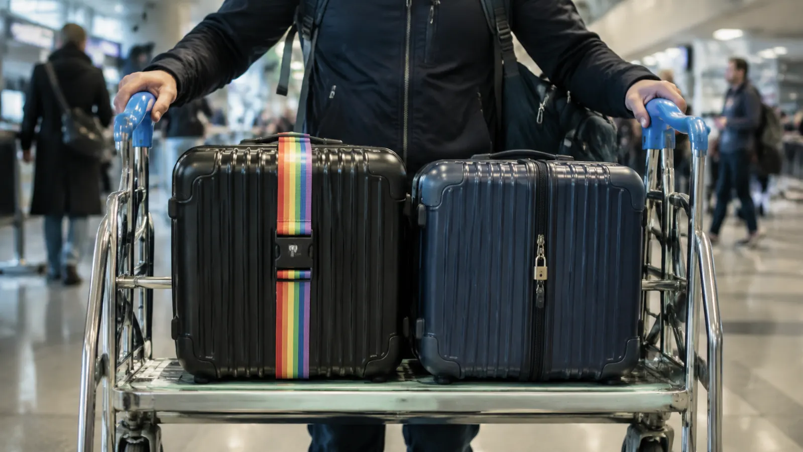 A black hard-shell suitcase on an airport baggage cart, wrapped with a bright TSA luggage strap, next to a second suitcase secured only with a small padlock on the zipper pull