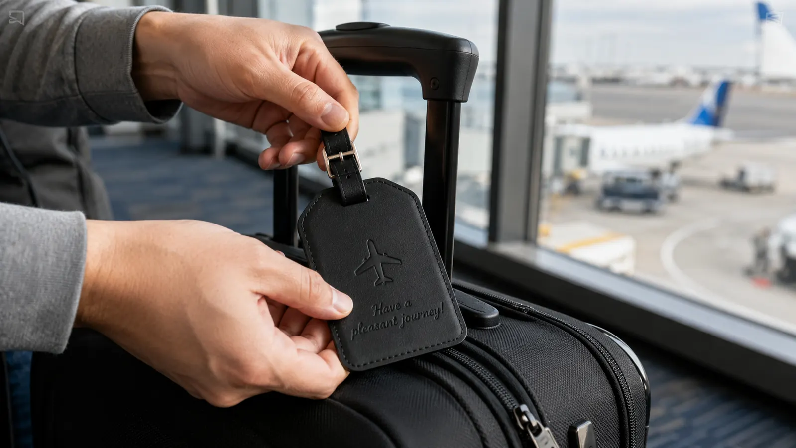 Close-up of a hand attaching a privacy luggage tag to a suitcase handle before a flight