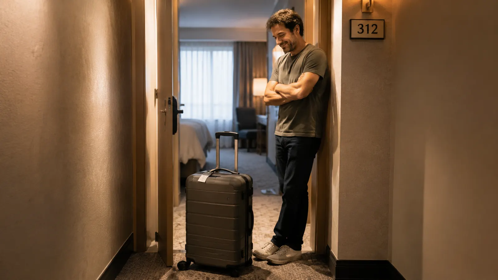 A reunited suitcase sitting inside a hotel room doorway with the luggage tag still clipped to the handle