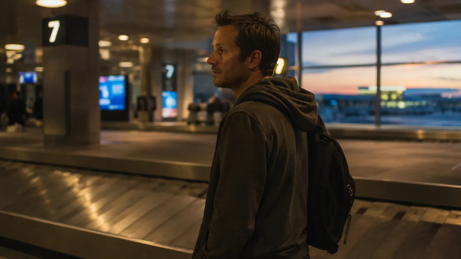 A traveler standing at an airport baggage claim carousel at dusk, watching bags come around, suitcase with a bright luggage tag visible on the handle