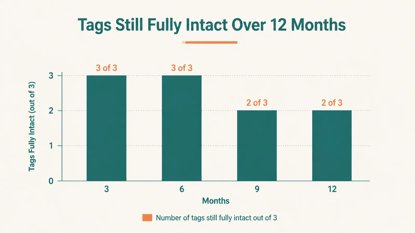 Bar chart comparing how many of the 3 tags were still fully intact at 3, 6, 9, and 12 months