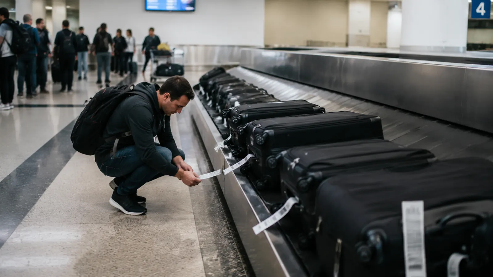 Traveler crouched at a baggage carousel scanning identical black suitcases for a tag