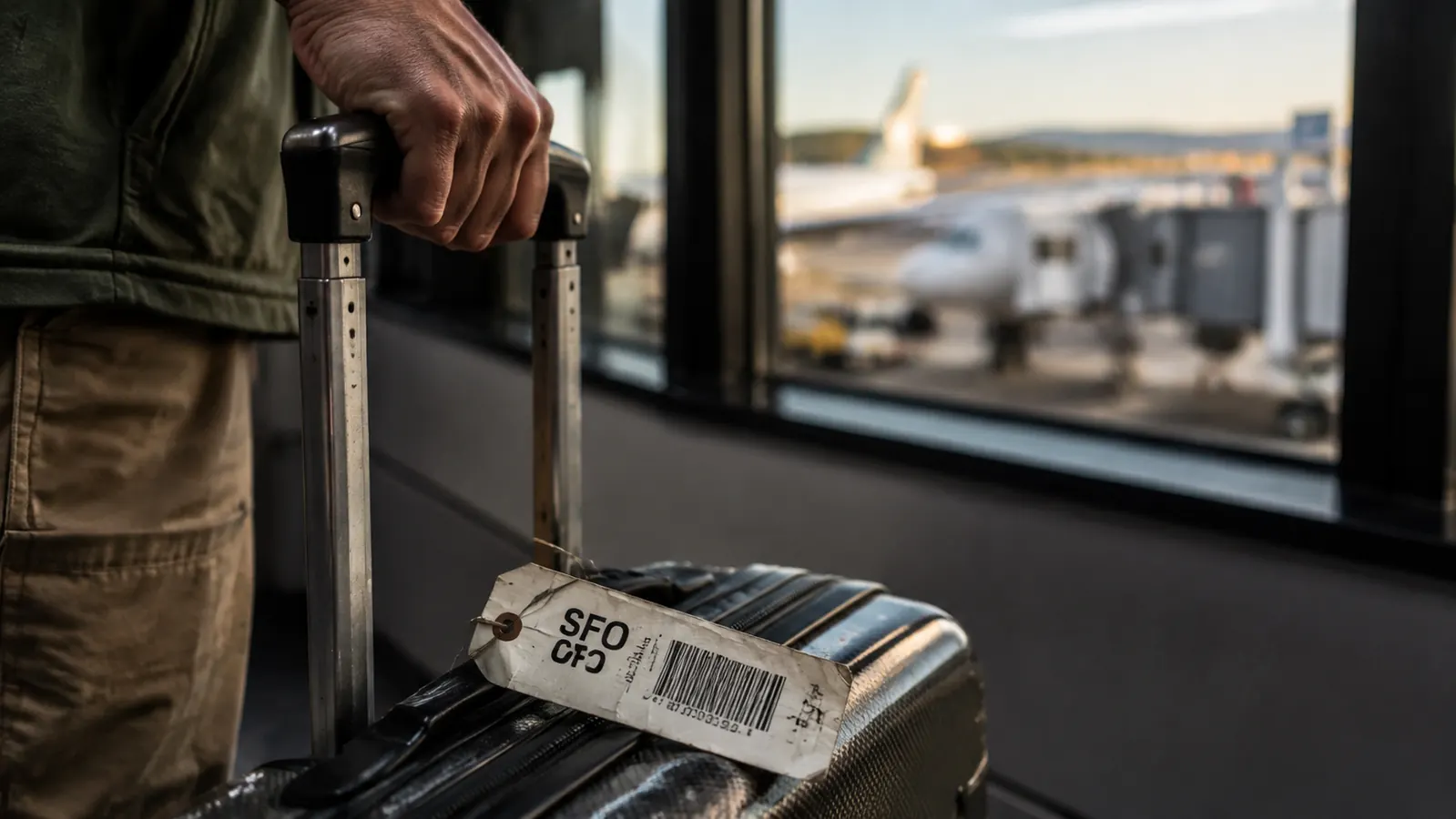 Worn luggage tag with a small crack in the plastic window, clipped to a suitcase handle at an airport gate