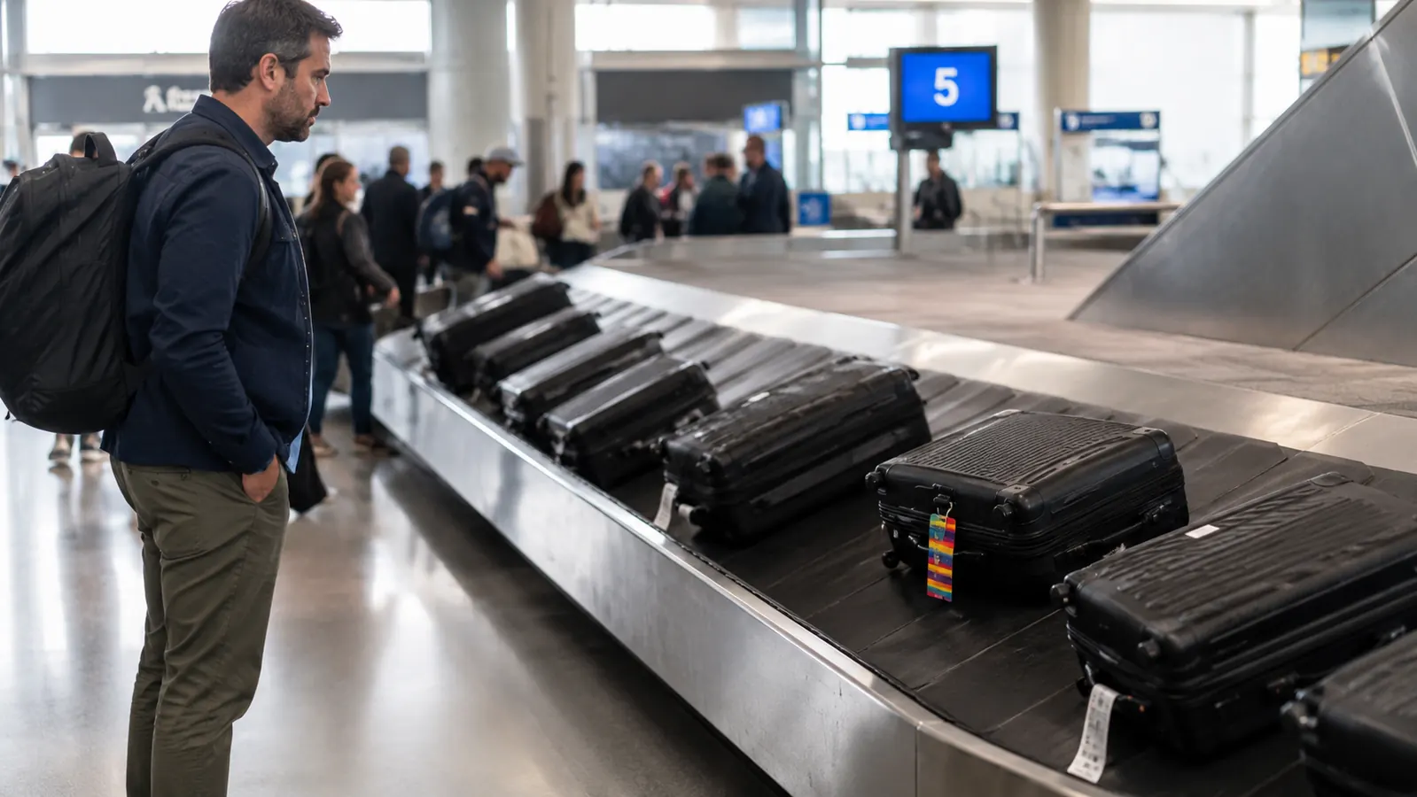 Two suitcases on an airport baggage carousel, one with a bright orange luggage tag clipped to the handle, the other plain black with no visible ID