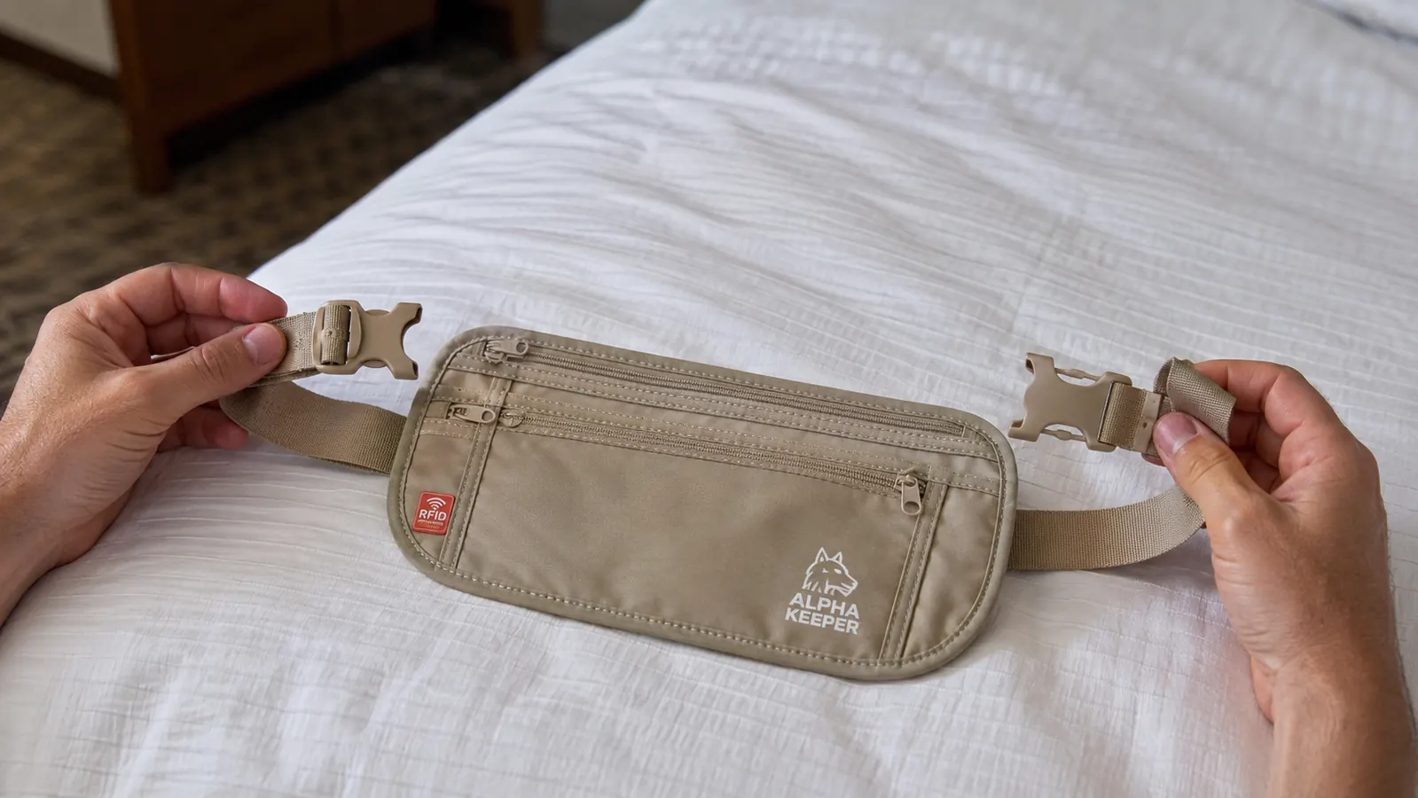 Close-up of the Alpha Keeper money belt unbuckled and laid flat on a hotel bed showing the fabric pouch and zipper