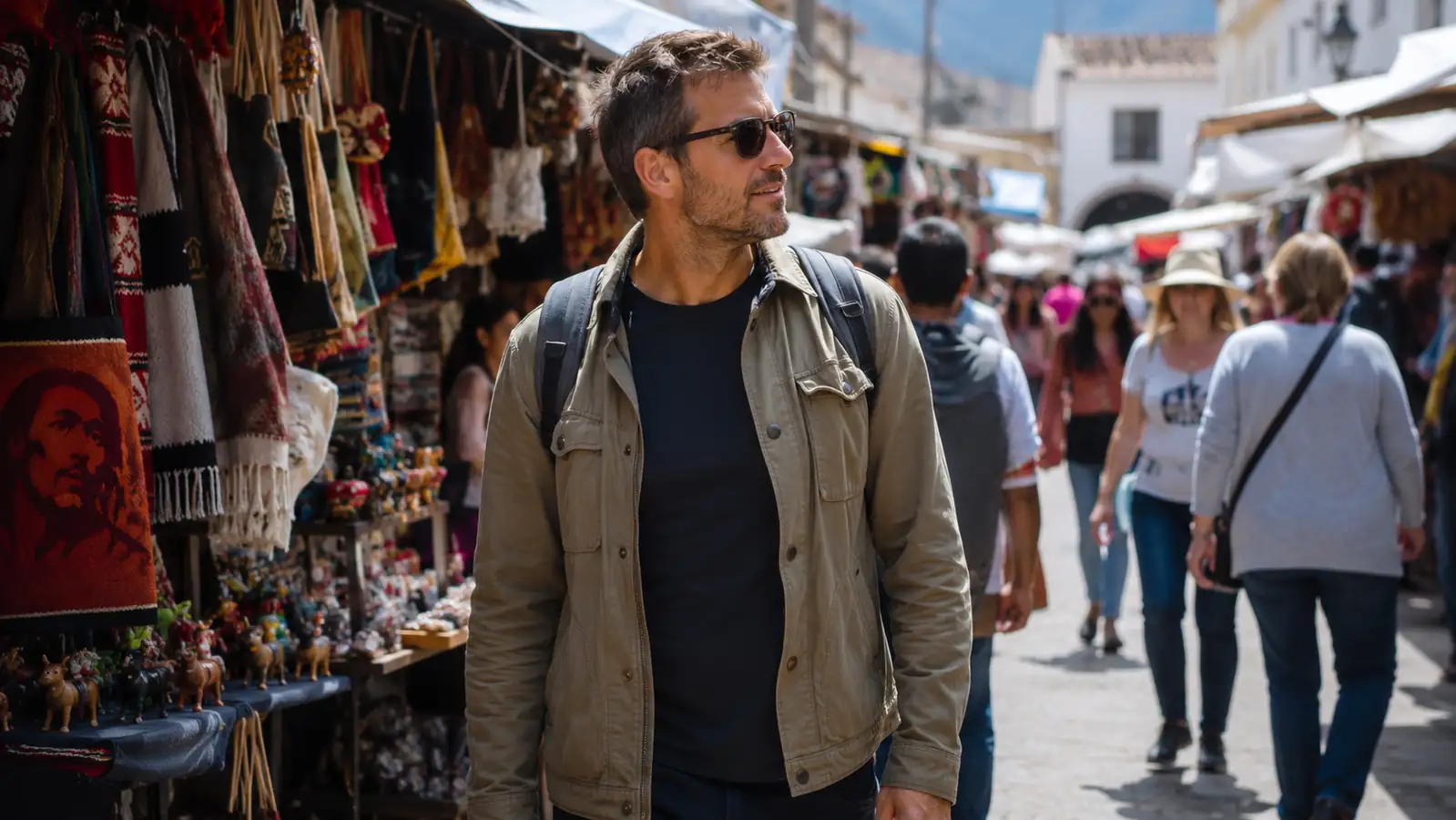 Traveler walking through a crowded outdoor market in Marrakech with a daypack and money belt worn under a light jacket