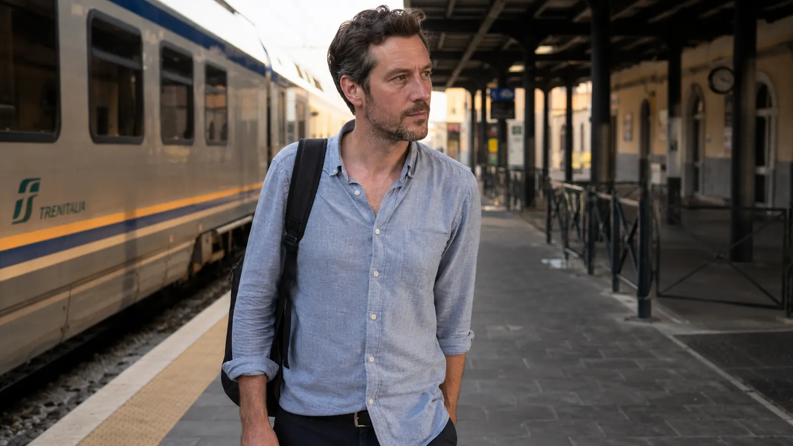 Traveler standing at a train platform in Lisbon with a money belt worn discreetly under a untucked shirt
