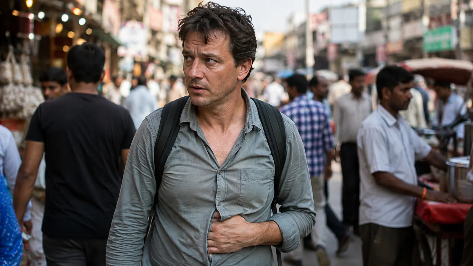 Person standing still in a crowd looking down subtly checking their waist
