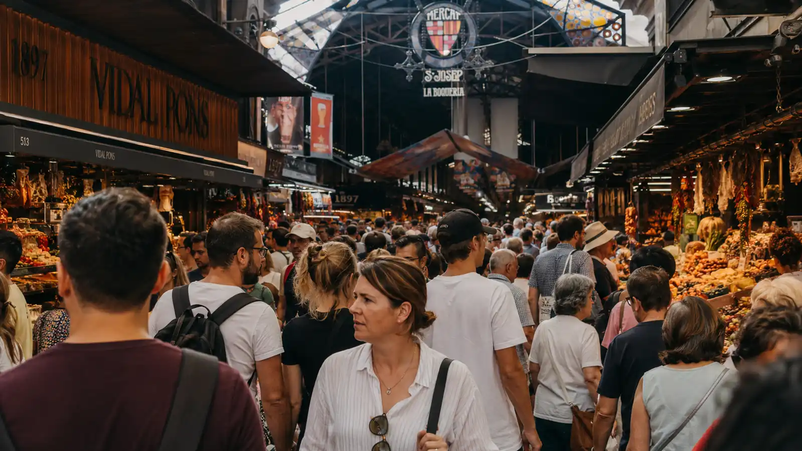 Crowded outdoor market stalls in Barcelona with morning light and dense foot traffic