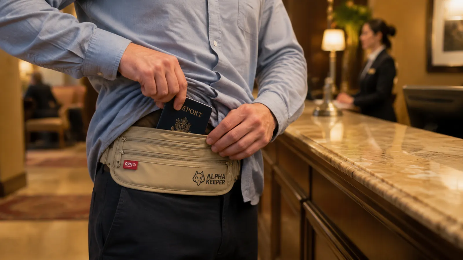 Traveler pulling a passport from a money belt discreetly at a hotel front desk while a bag sits at their feet