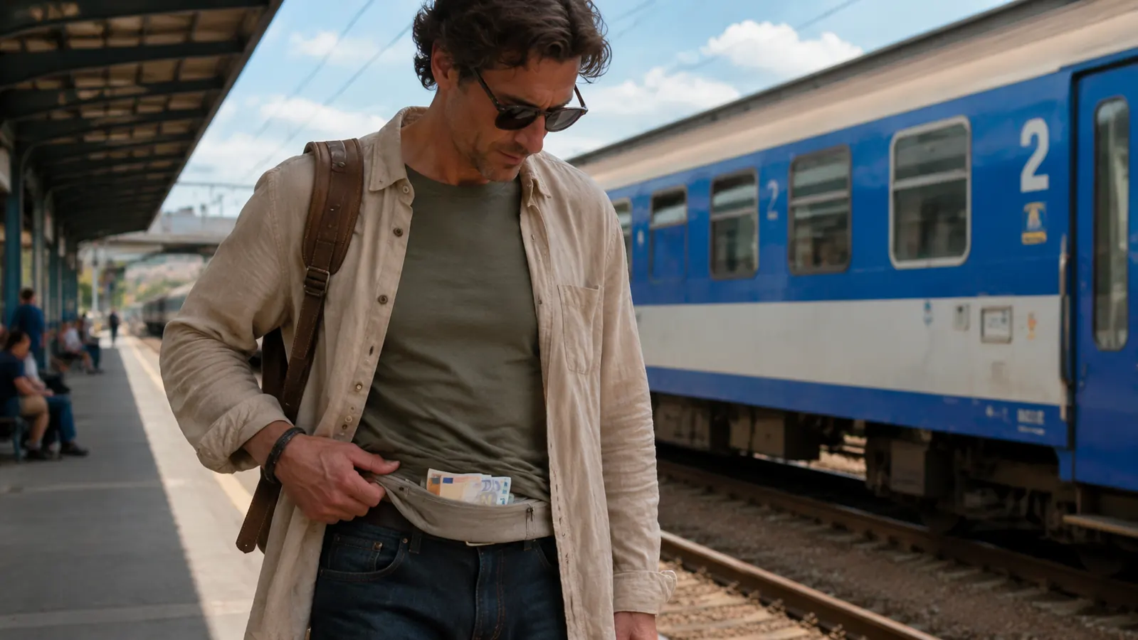 Traveler standing at a train platform with a money belt worn under an untucked shirt, no visible bulge